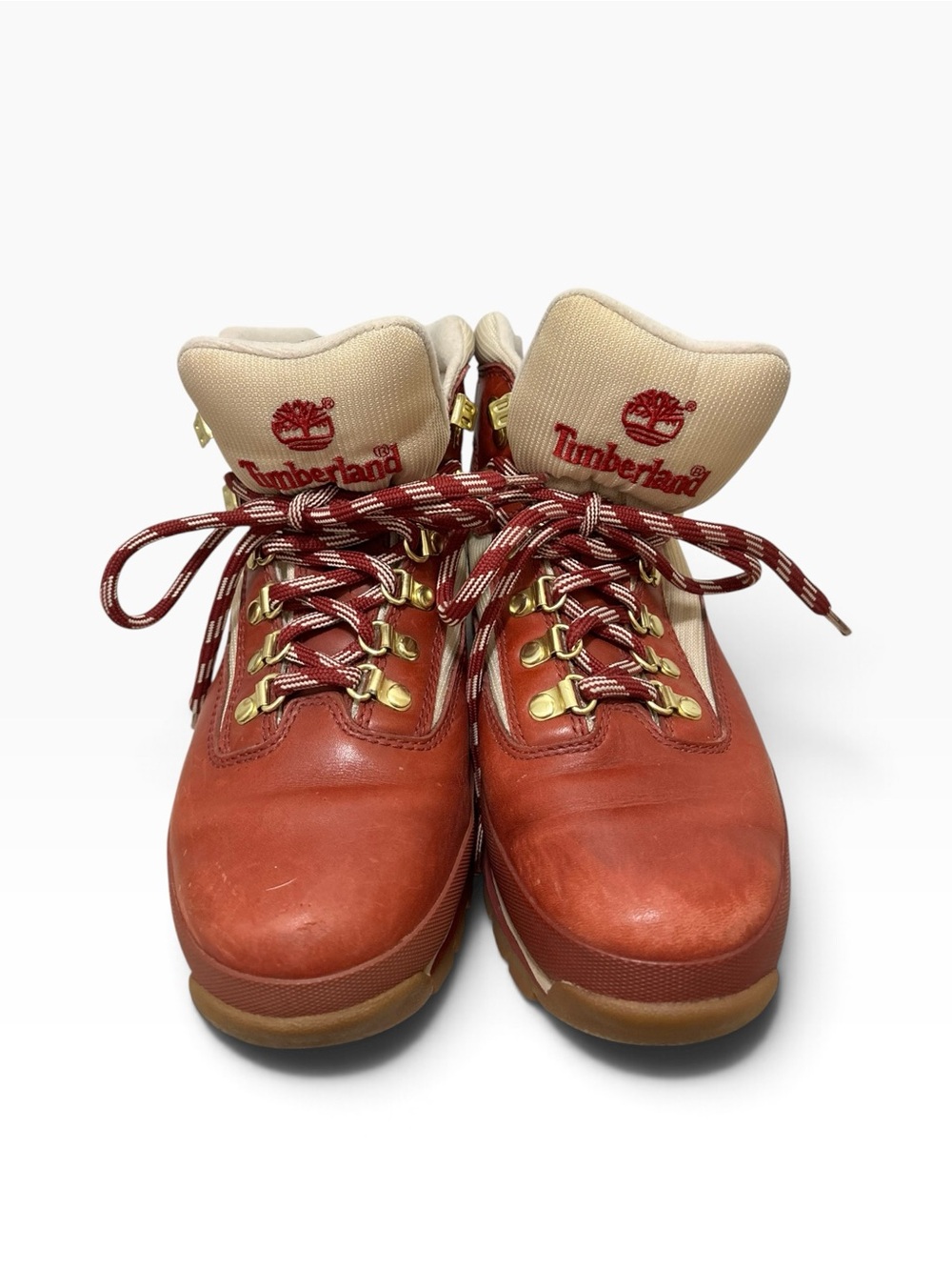 Vintage Timberland Red Leather Canvas Hiking Boots Gold Hardware Sz 9M - Picture 3 of 6